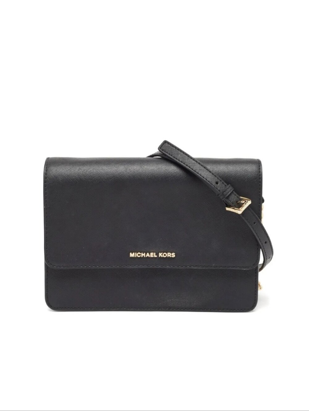 Michael Kors Black Daniela Saffiano Leather Flap Gold Chain Crossbody Bag Preppy